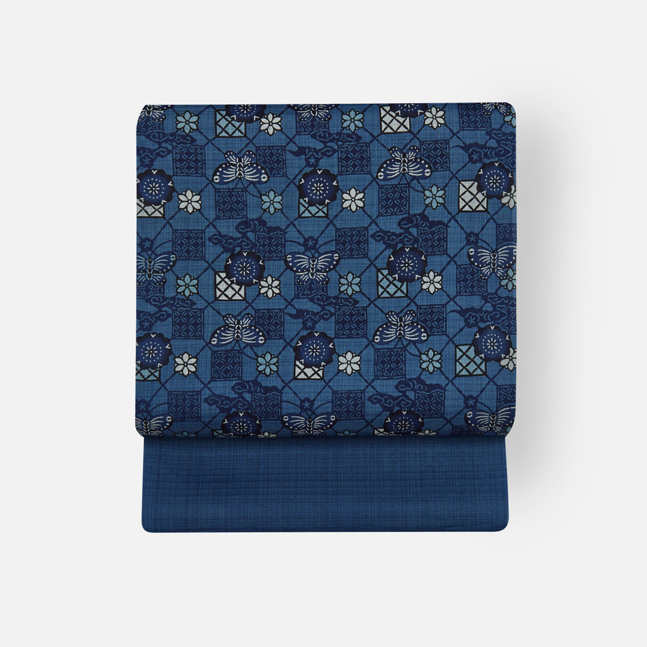 城間栄市 琉球紅型 九寸名古屋帯 紬 藍染め「格子に蝶に瑞雲」 – 銀座