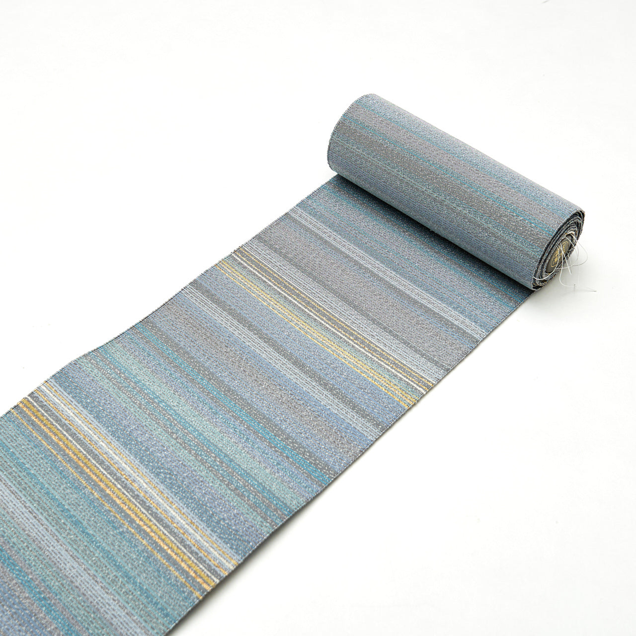 爪掻き本綴れ 西陣織 角帯「縞 薄青×ねず×金×銀」 – 銀座もとじ