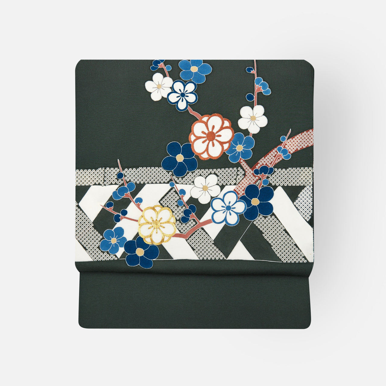 五代 田畑喜八 京友禅 九寸名古屋帯「垣に梅樹文様」 – 銀座もとじ