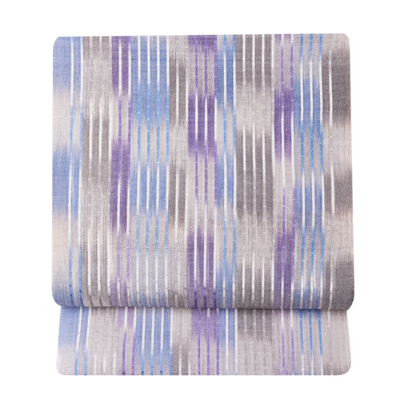 紬織 池田リサ (単衣/盛夏に)九寸名古屋帯 経絣 道屯織 紫/青/鼠