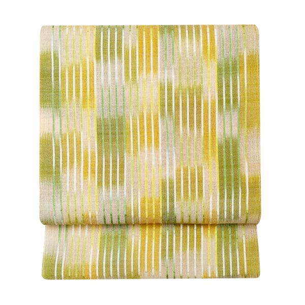 紬織 池田リサ (単衣/盛夏に)九寸名古屋帯 経絣 道屯織 黄/黄緑