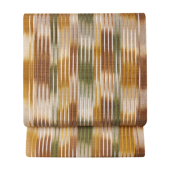 紬織 池田リサ (単衣/盛夏に)九寸名古屋帯 経絣 道屯織 茶/緑