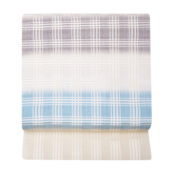 紬織 池田リサ (単衣/盛夏に)九寸名古屋帯 吉野格子 水色/鼠/白